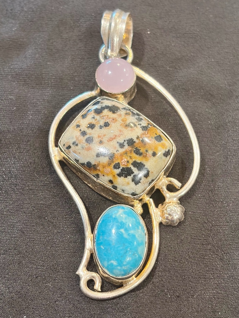 Large 925 Sterling Silver Pendant Dalmatian Jasper, Turquoise & Citrine 12.4g